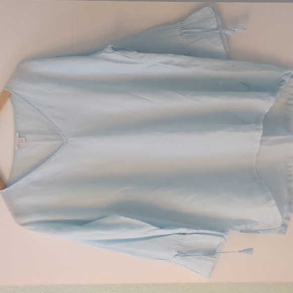 Saks fifth Avenue Linen Baby BlueBeachy Bohemian Top V Neck Tassels details Sz L - Picture 1 of 6